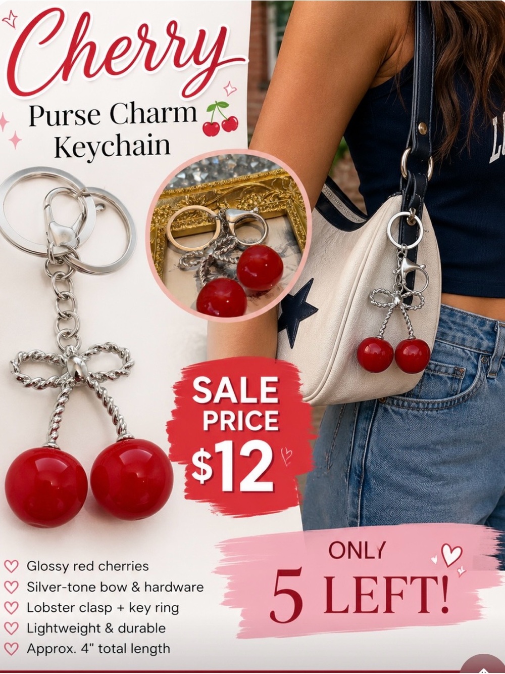🍒 Cute Red Cherry Purse Charm Keychain |Silver Bow Bag Charm |Y2K Coquette Style